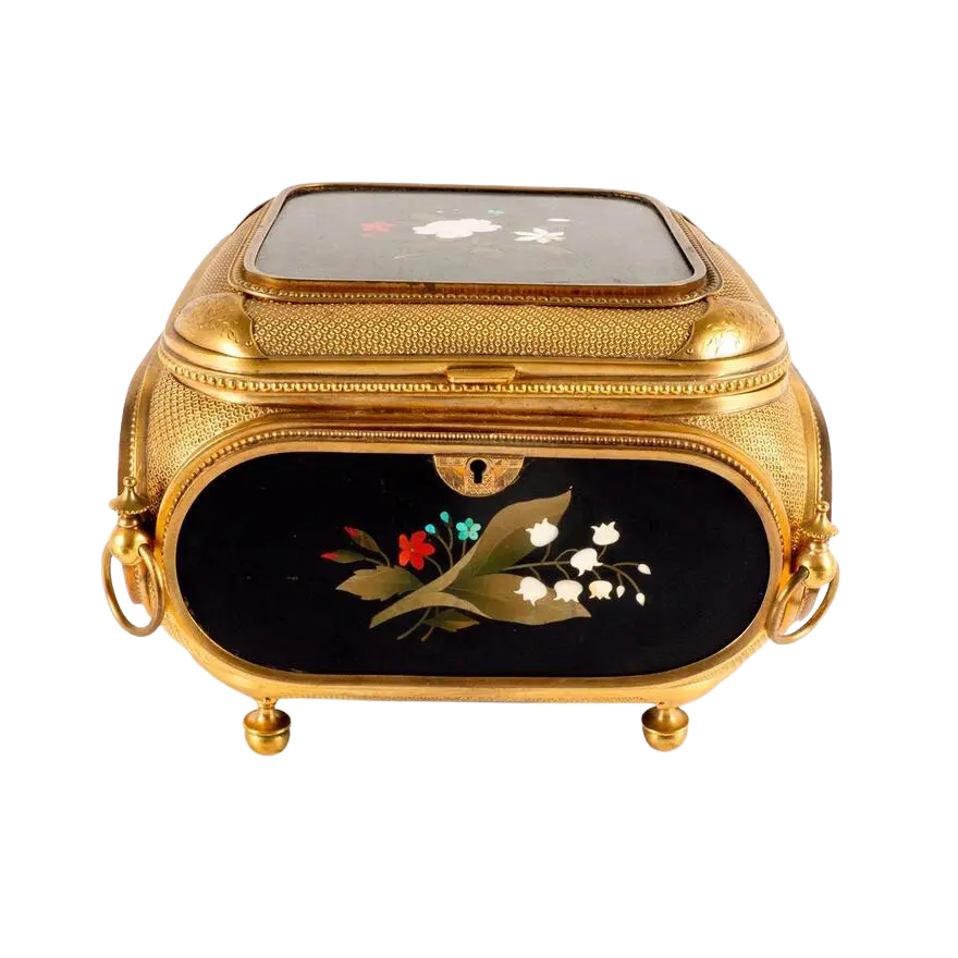 Antique Pietra Dura Floral Stone Inlay Gilded Jewelry Box