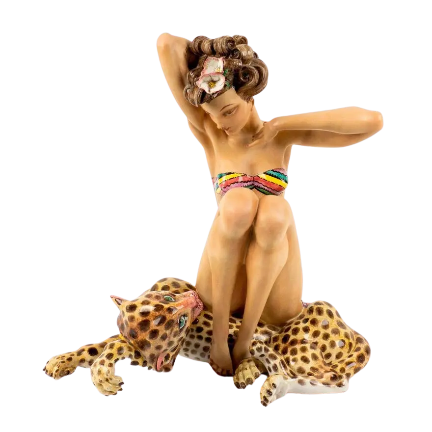Capodimonte Sculpture by Tiziano Galli, Girl on Leopard