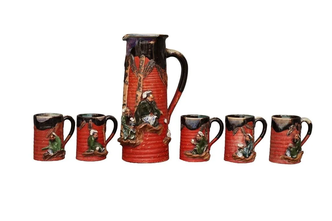 Six Japanese Sumida Gawa Pottery Picther,Mugs Inou