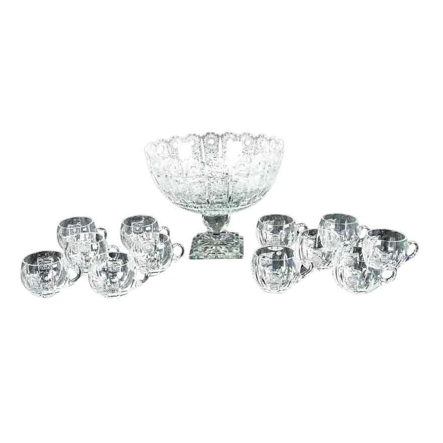 13pc Set American Brilliant Cut Crystal Punch Bowl and Cups by Hawkes