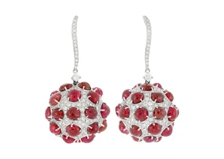 Pair of White Gold, Cabochon Ruby and Diamond Pendant-Earrings