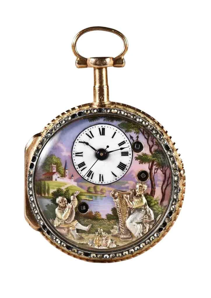 A rare early 19th century Swiss pocket watch with musical automata by Piguet & Meylan