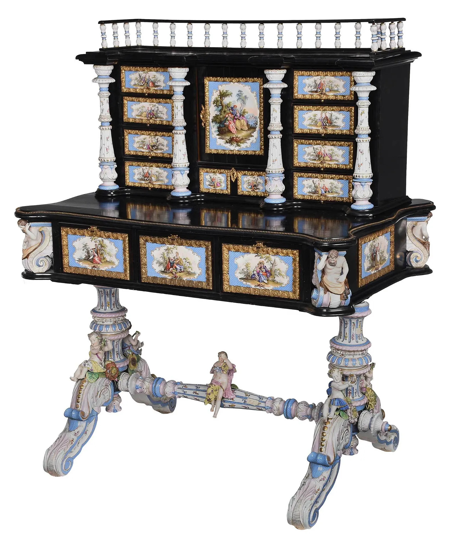 German Rococo Style Porcelain Mounted Ebonized Desk