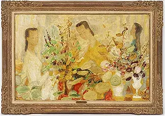Le Pho Oil on Silk Painting Title: Jeunes Filles aux Bouquets