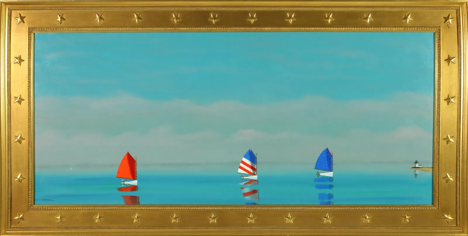 Robert Stark Jr. Oil on Canvas "Three Catboats Rounding Brant Point, Nantucket"