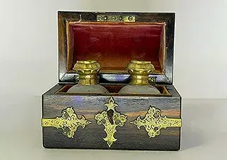 Antique Burl Wood Jewelry Casket Caddy French Opaline