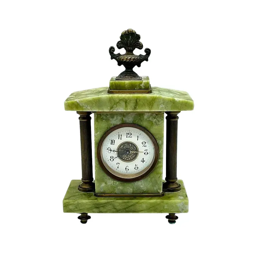 Green Marble Onyx and Brass Mantel Clock