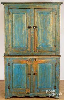 Painted pine two-part cupboard, 19th c.