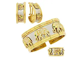 Two-Color Gold, Diamond and Emerald Elephant Cuff Bangle Bracelet, Pair of Hoop Earclips and Band Ring