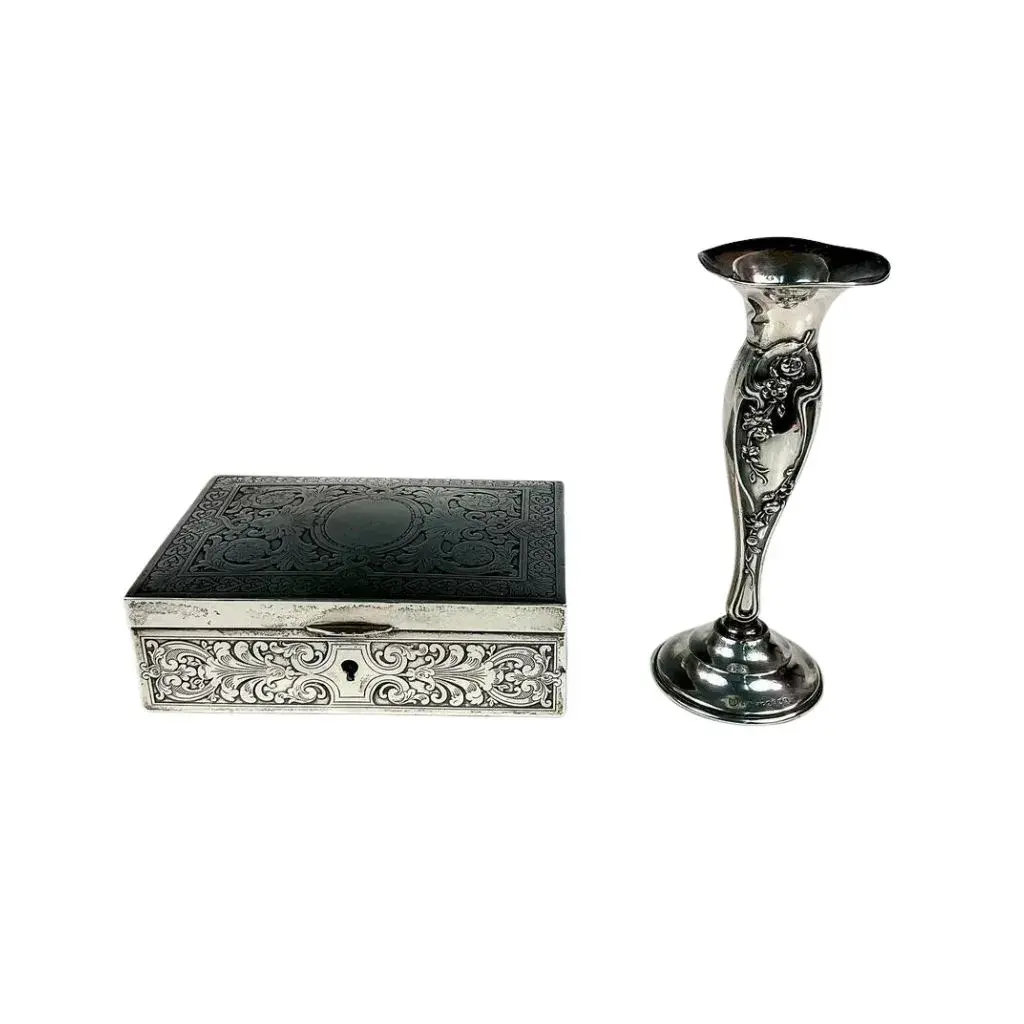 2pc Antique American Sterling Silver Box and Candleholder