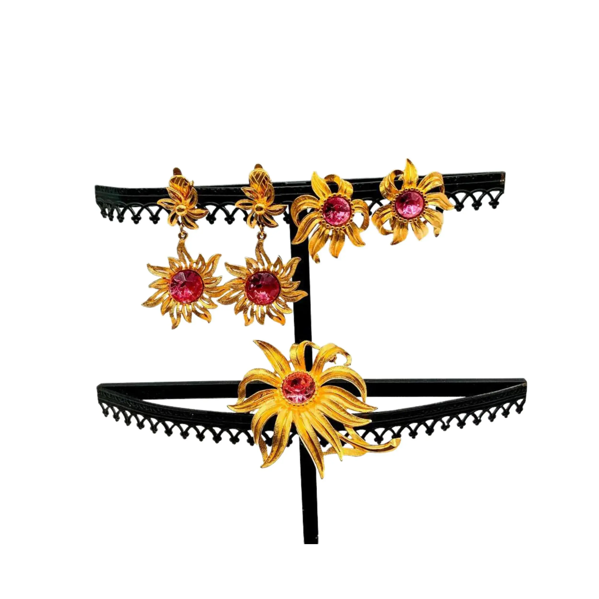 3pc Trifari Gold Metal with Pink Gemstones Floral Jewelry