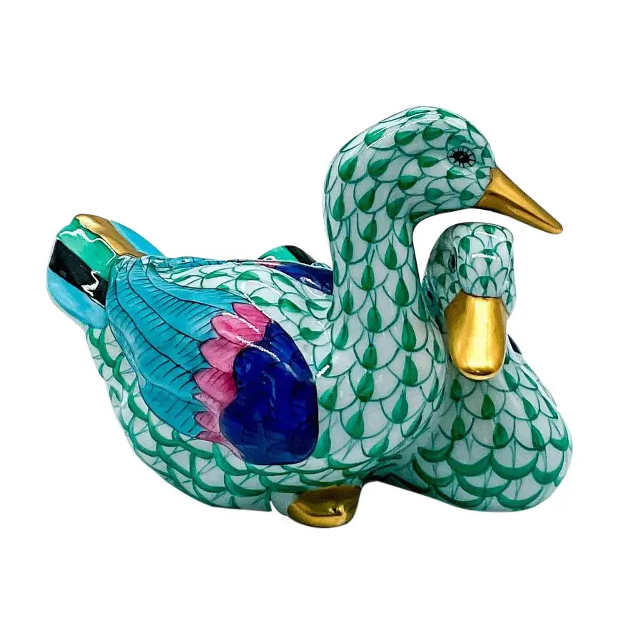 Herend Porcelain Green Figurine, Pair of Ducks
