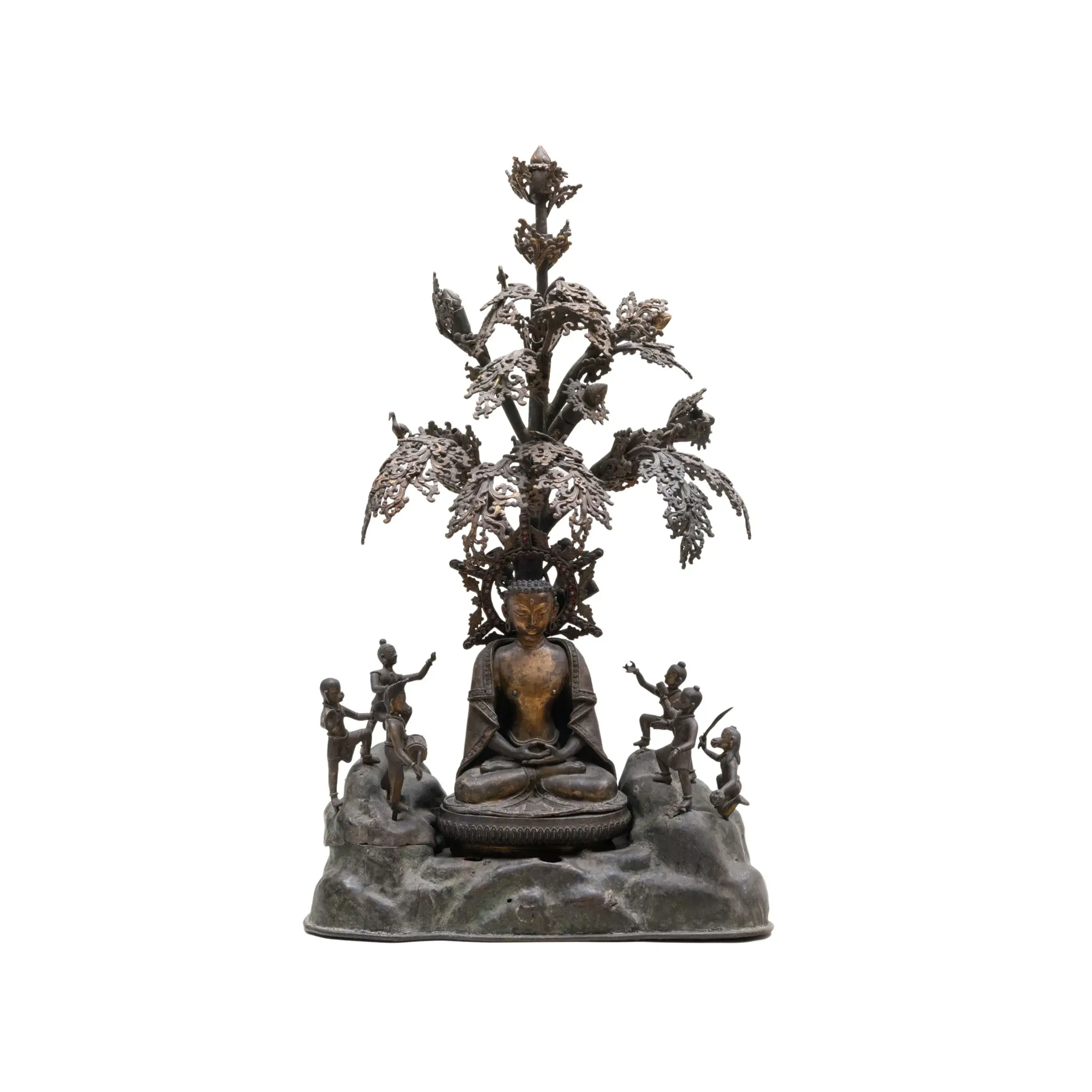 Large and Rare Nepalese Bronze Group of Buddha Shakyamuni Beneath the Bodhi Tree Flanked by Mara's Armies