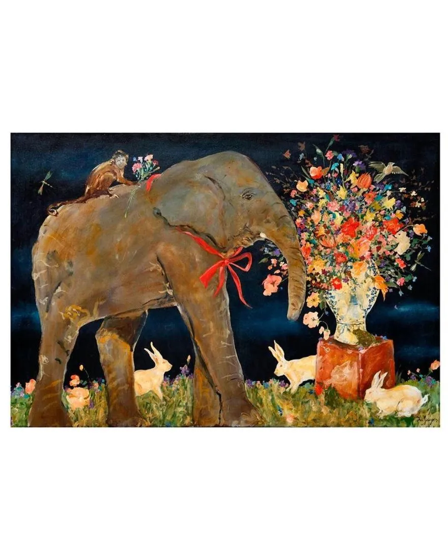 Elephant and Monkey with Flowers