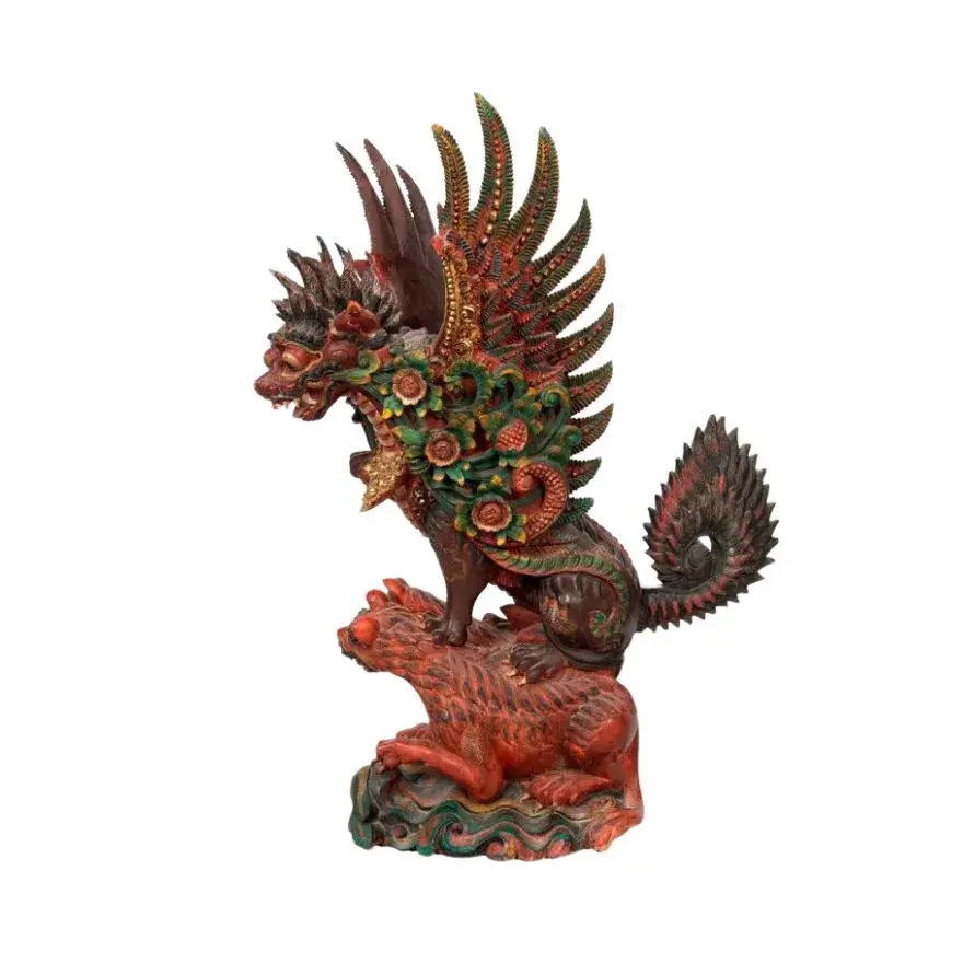 Large Antique Balinese Singha Carved Wooden Winged Dragon Sculpture