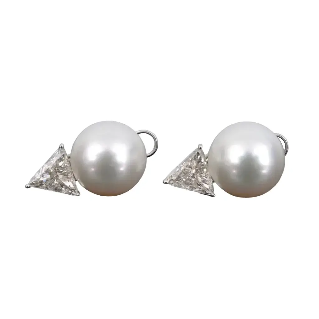 Pair of 18K Gold, Diamond & South Sea Pearl Estate Clip Earrings