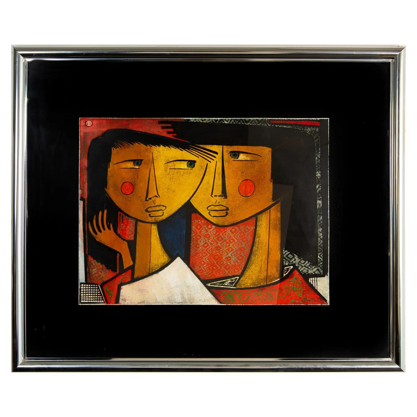 Angel Botello, Original Color Linocut on Black Paper, Signed