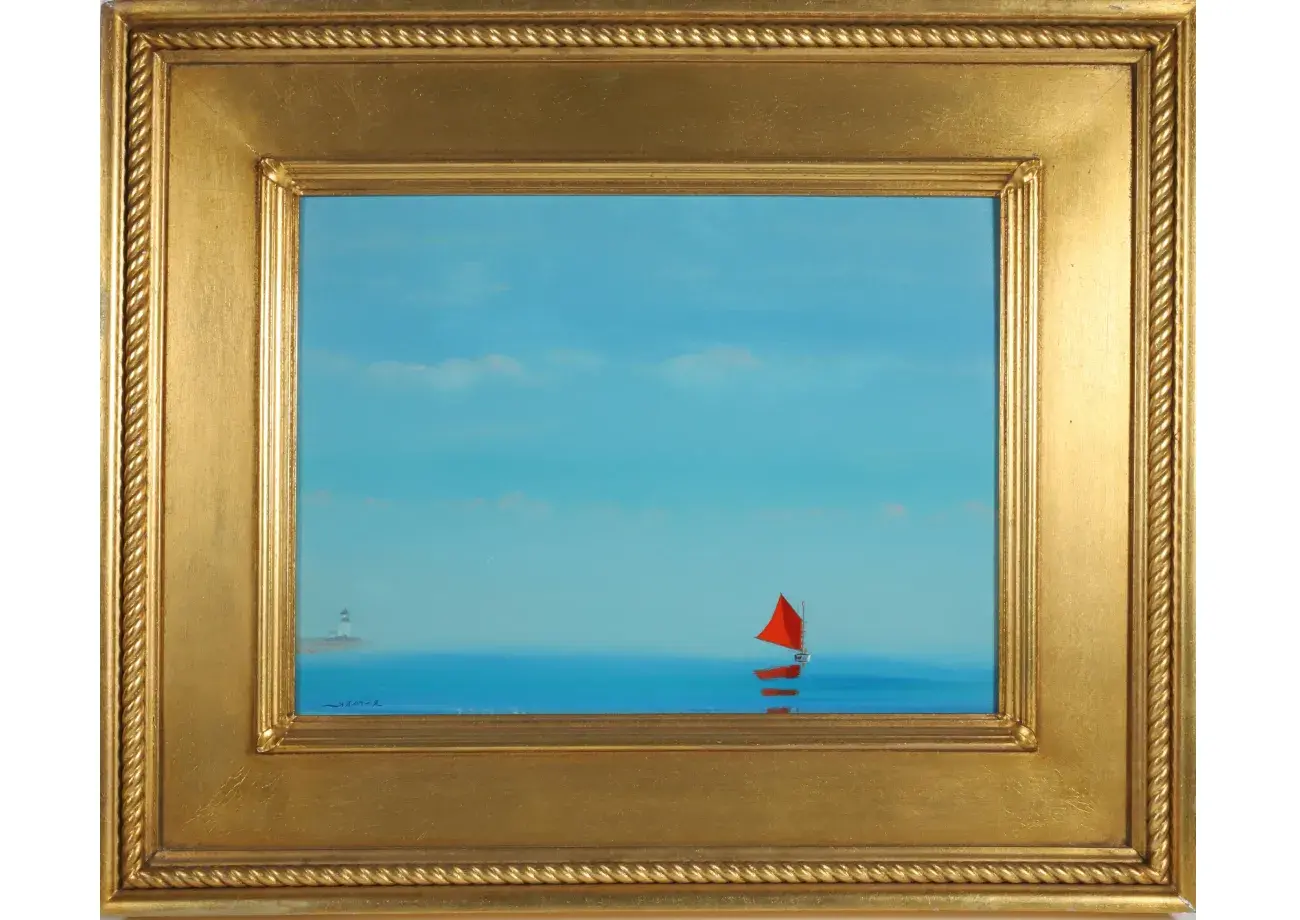 Robert Stark Jr. Oil on Masonite Red-Sailed Catboat Rounding Brant Point, Nantucket