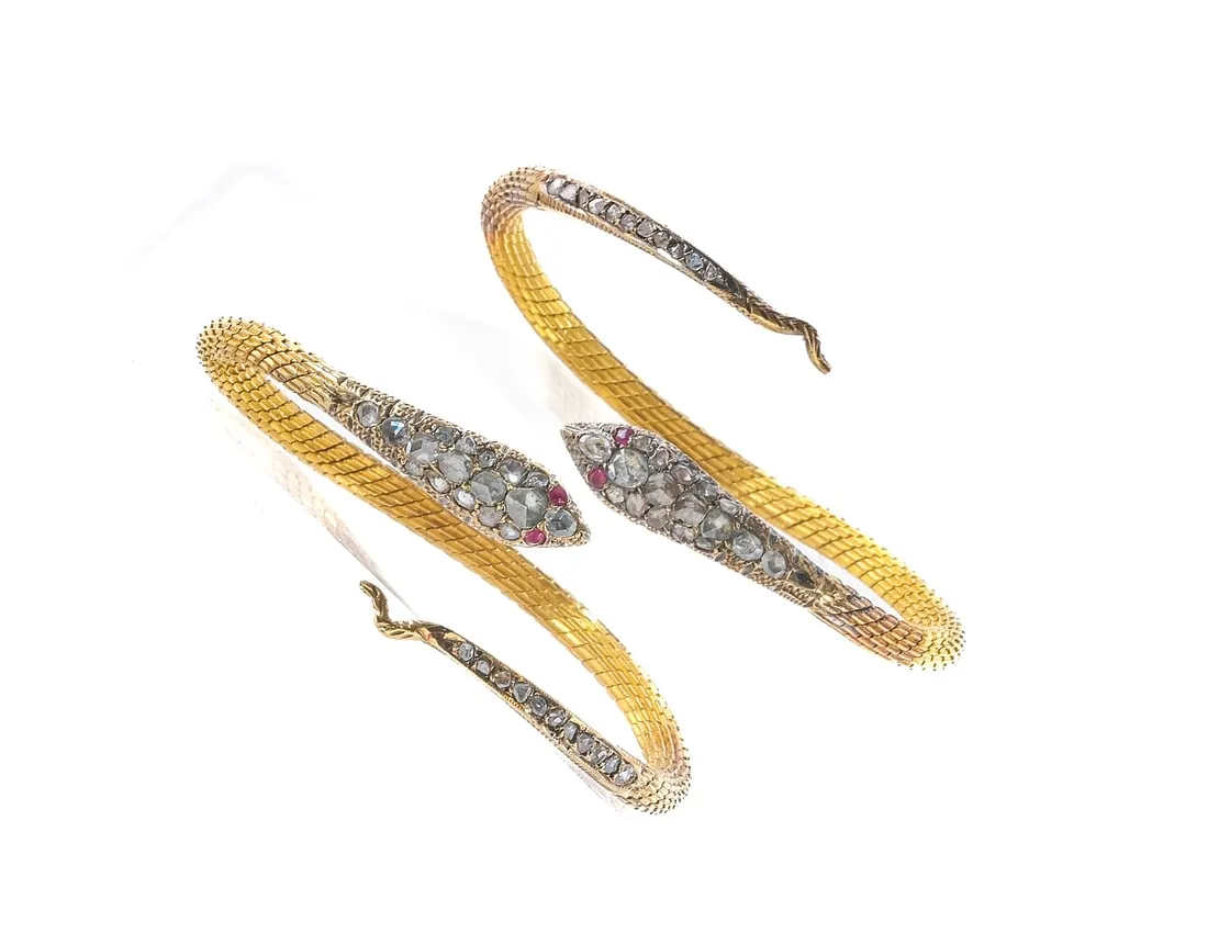 Pair of Egyptian Art Deco Diamond Snake Bracelets