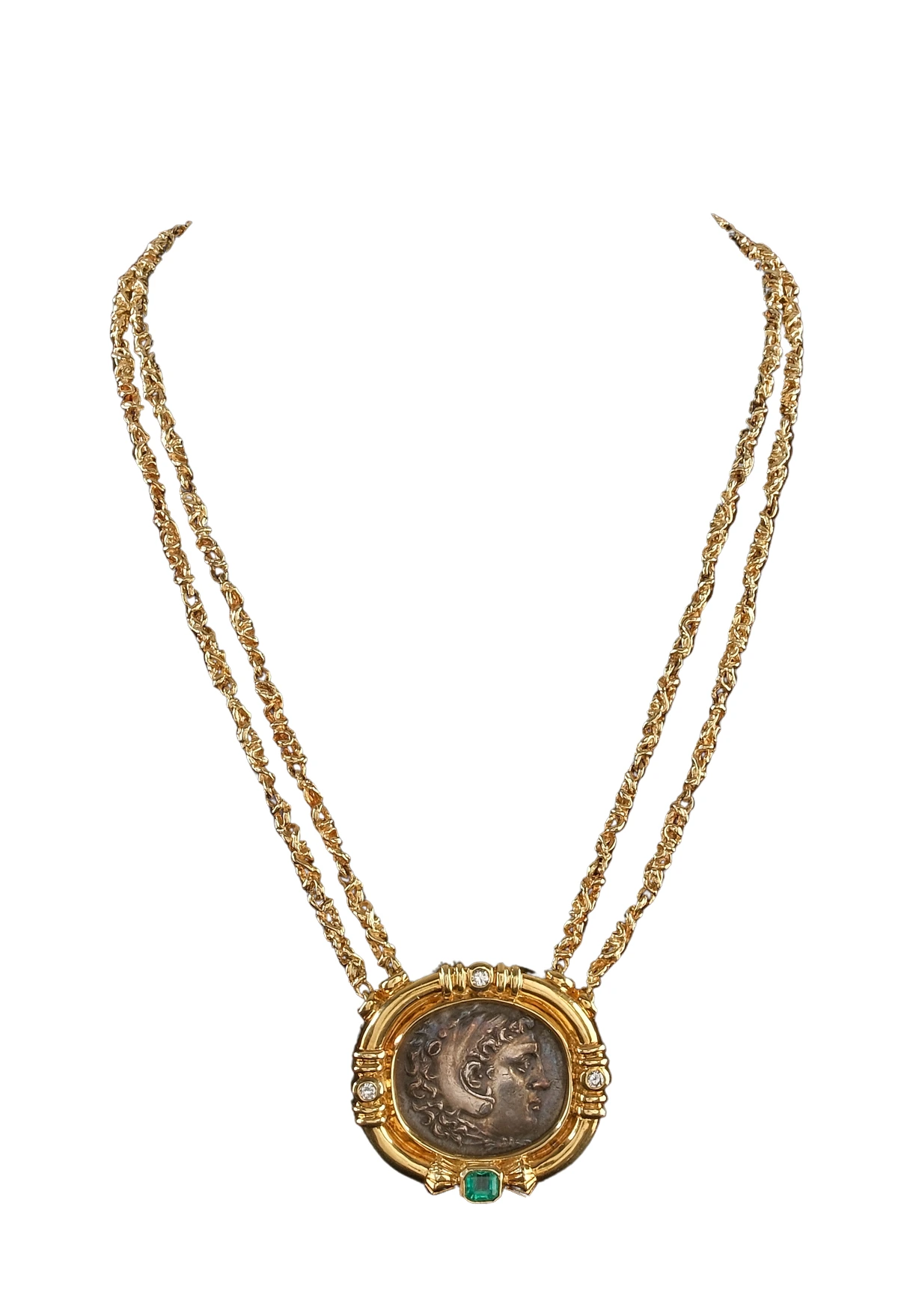 18K Diamond Emerald Ancient Greek Coin Necklace