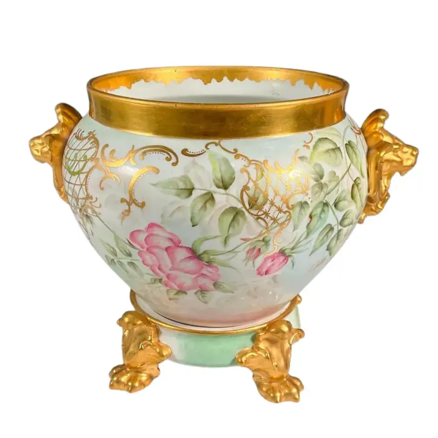 2pc D & C Limoges Jardiniere and Stand, Pink and Gold