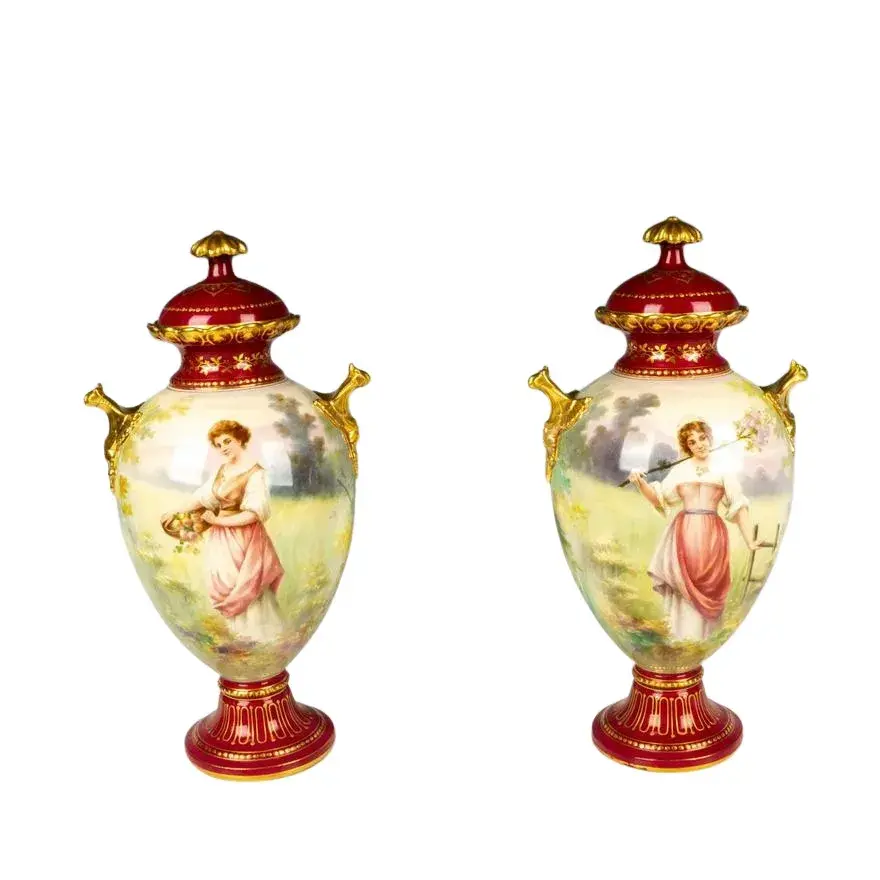 Pair of Antique Royal Bonn Gilded Urns