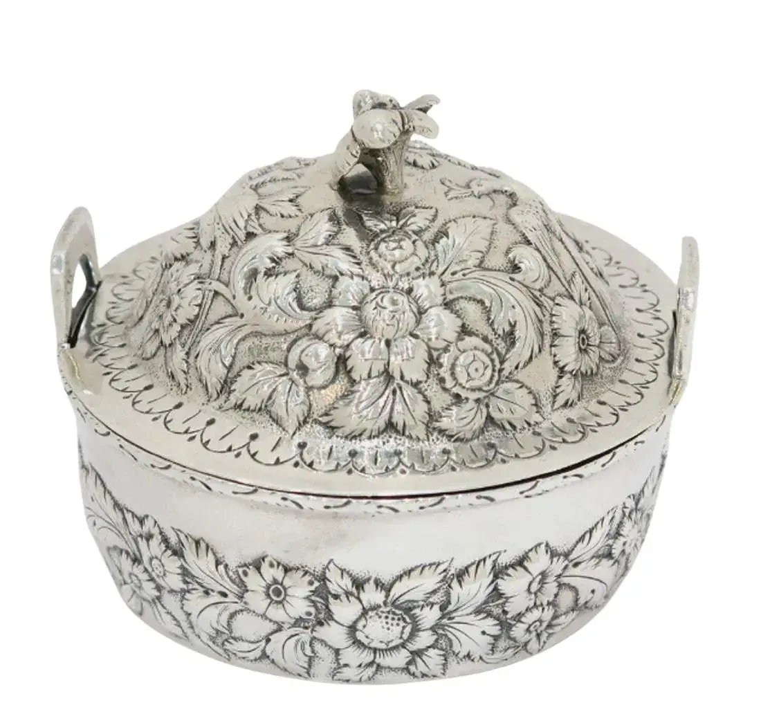 S. Kirk & Son Sterling Silver Signed Antique Floral Repousse Butter Dish 1846-1861