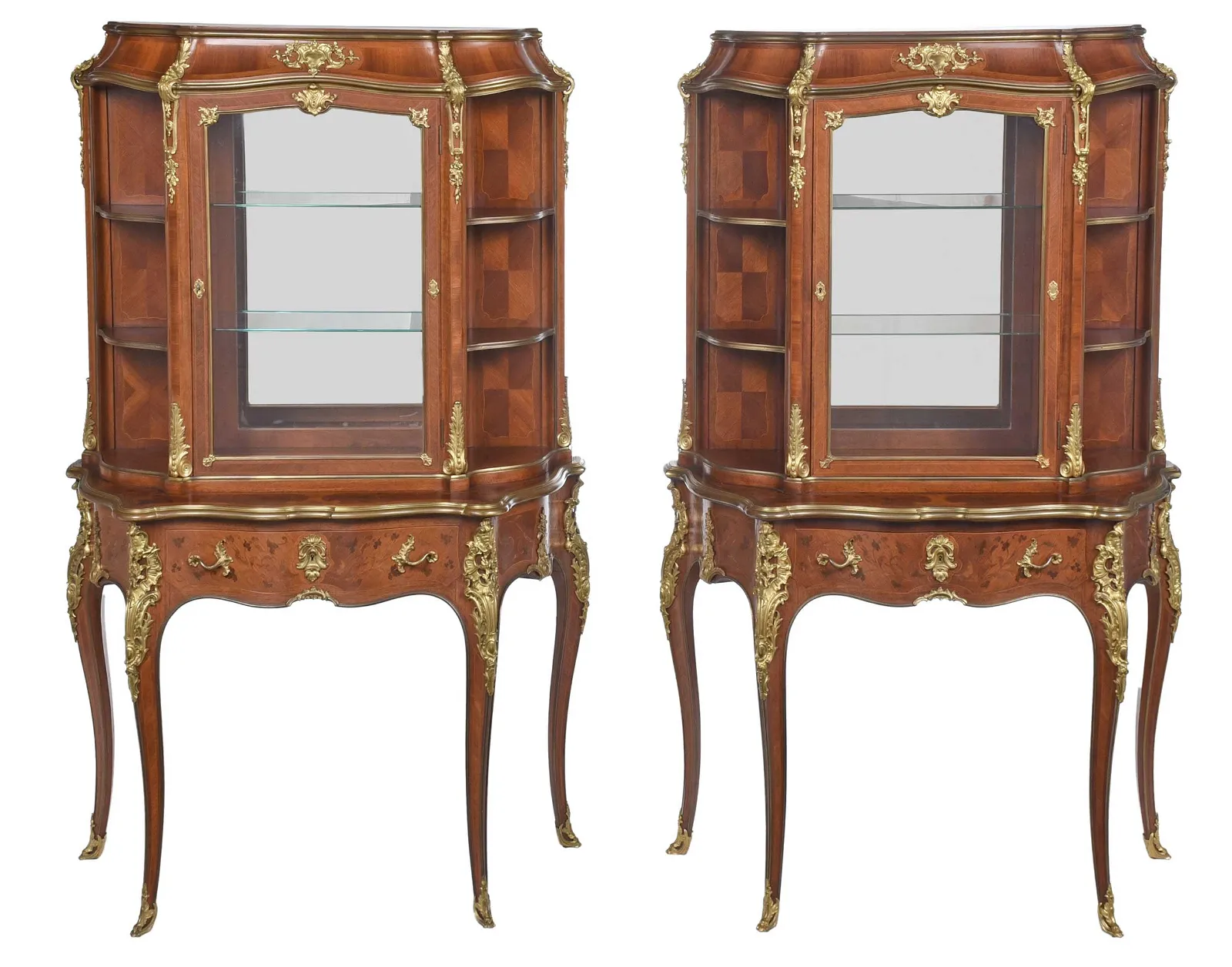 Fine Pair of Gervais Durand Louis XV Style Bronze Mounted, Marquetry and Kingwood Vitrines on Stands