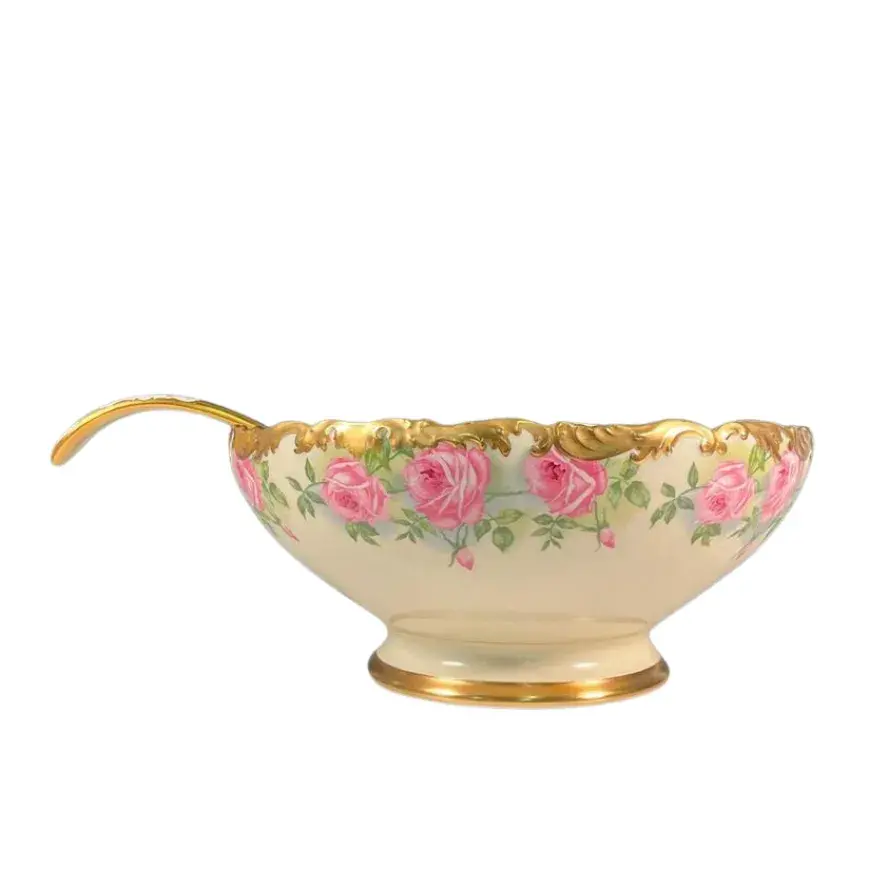2pc T & V Limoges Porcelain Pink Roses Punch Bowl and Ladle