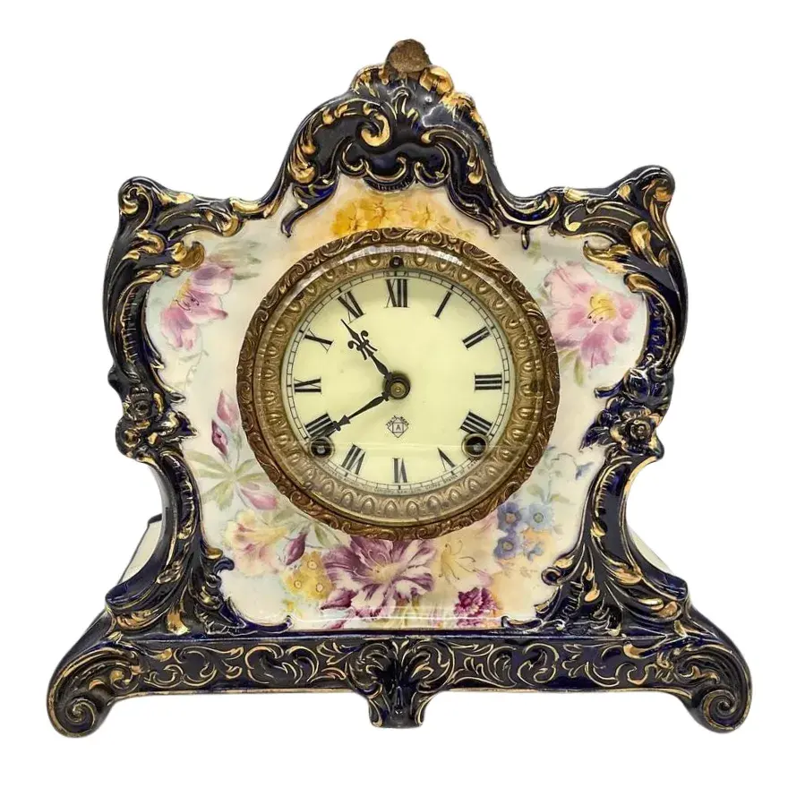 Antique Ansonia Clock Co. and Royal Bonn Porcelain Mantel Clock