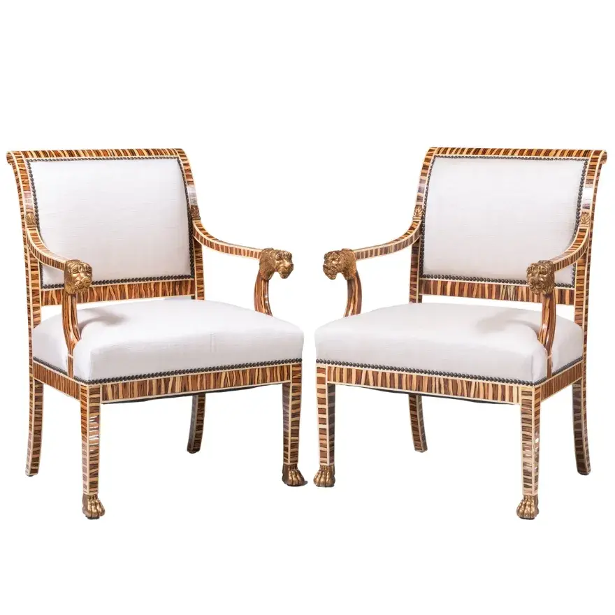 Pair of Empire Style Faux Painted and Parcel-Gilt Armchairs