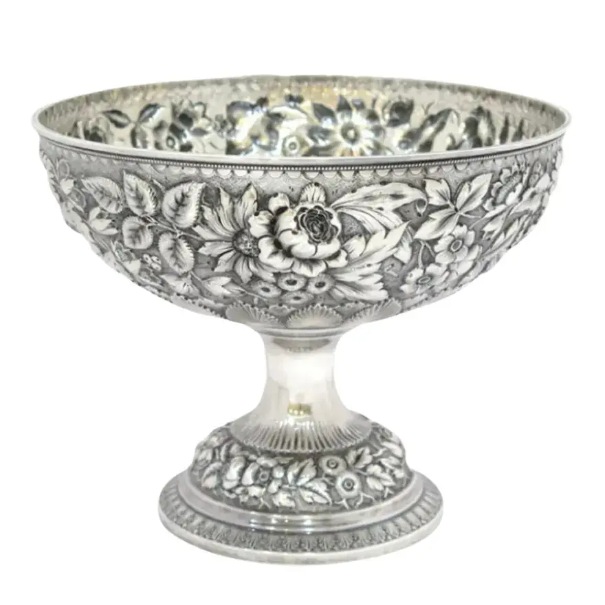 Sterling Silver Whiting Antique Floral Repousse Footed Serving Bowl