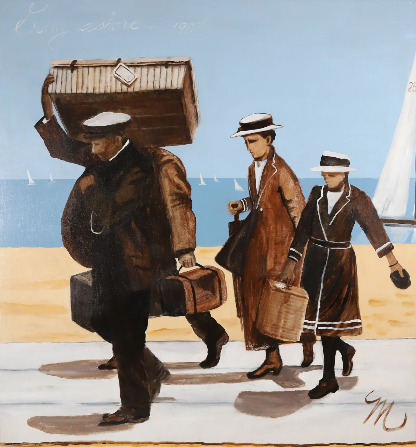 Molly Dee (American 1938-2022) Oil on Canvas "Going Ashore 1907"