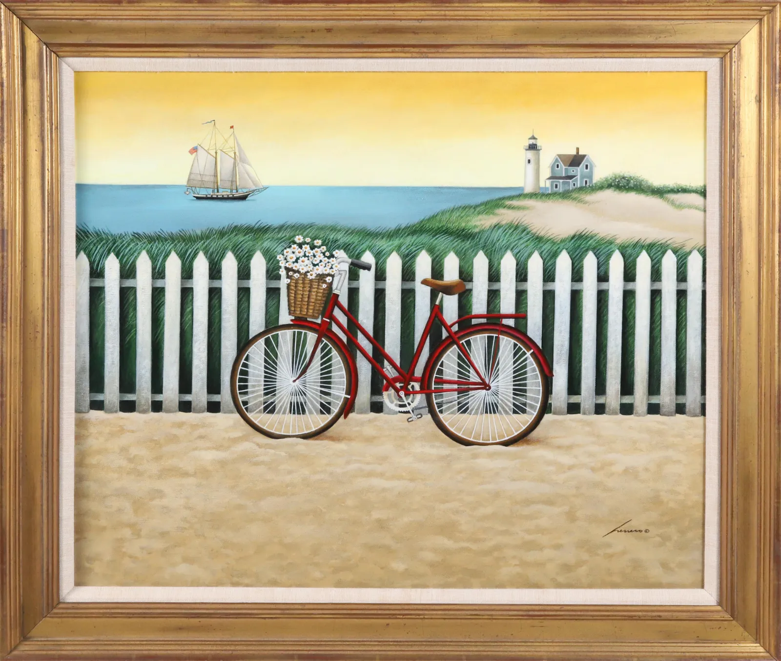 Lowell Herrero Oil on Canvas "Bicycle at the Beach", circa 1988