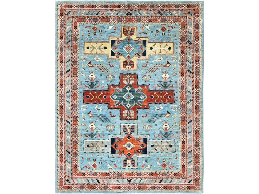 Hand Knotted Sky Blue Caucasian Design Vegetable Dyes Wool Oriental Carpet, 200 Knots Per Inch