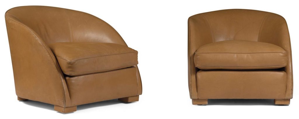 Paul Dupré-Lafon, pair of "Gondole" armchairs fully upholstered in new fawn leather, c. 1930, 61 x 72 x 80 cm/2 x 2.36 x 2.62 ft.
Estimate: €50,000/80,000