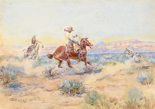 Charles M. Russell, Roping a Wolf, c. 1918. Image courtesy of Coeur d’Alene Art Auction.