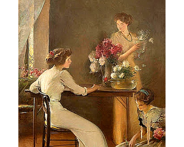 Oil on canvas by John White Alexander (American, 1856-1915), titled Her Birthday (1913), 79 ¼ inches by 64 ½ inches. Estimate: $300,000-$500,000